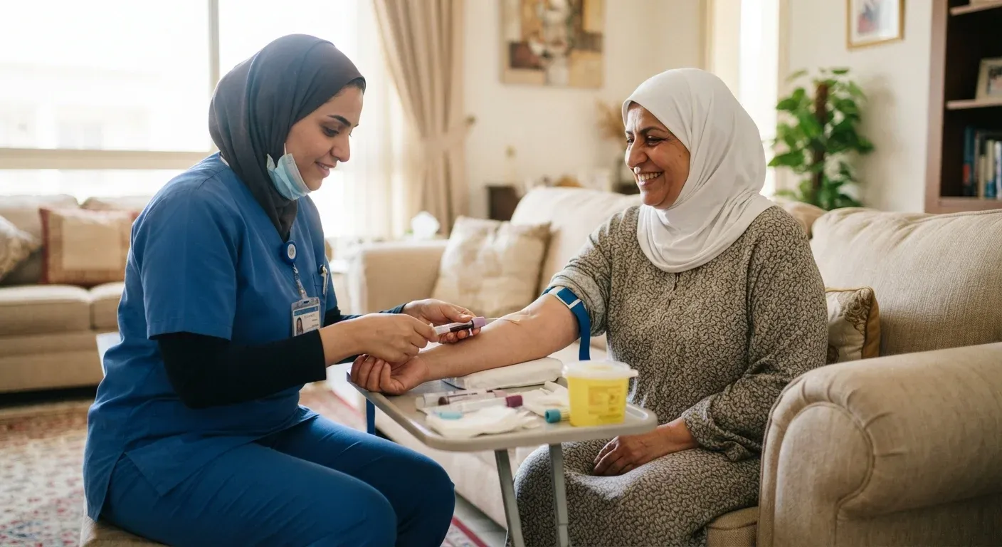 Apollo Clinic nurse collecting a blood sample at a patient's home in Kuwait
