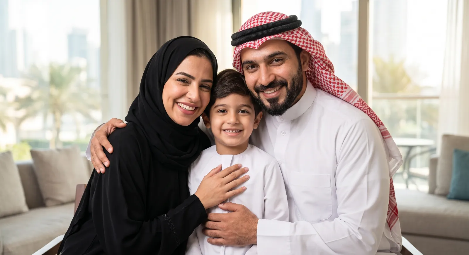 Smiling Kuwaiti family after a health check-up at Apollo Clinic laboratory, Mahboula